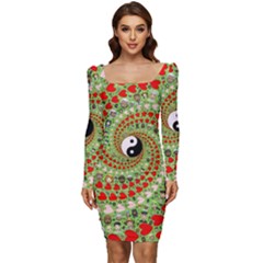 Love Avatars Characters Roles Yin Yang Women Long Sleeve Ruched Stretch Jersey Dress by Paksenen