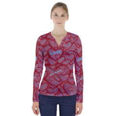 Love Hearts Valentine Red Symbol V-neck Long Sleeve Top by Paksenen