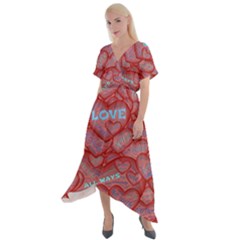 Love Hearts Valentine Red Symbol Cross Front Sharkbite Hem Maxi Dress by Paksenen