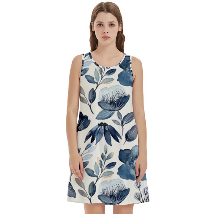 Indigo Watercolor Floral Seamless-pattern Round Neck Sleeve Casual Dress With Pockets