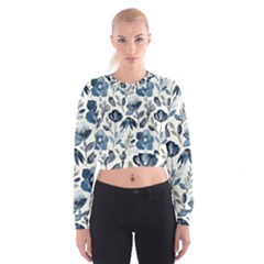 Indigo Watercolor Floral Seamless-pattern Cropped Sweatshirt