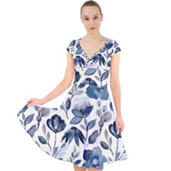 Indigo Watercolor Floral Seamless-pattern Cap Sleeve Front Wrap Midi Dress