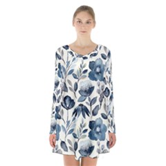 Indigo Watercolor Floral Seamless-pattern Long Sleeve Velvet V-neck Dress