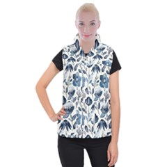 Indigo Watercolor Floral Seamless-pattern Women s Button Up Vest