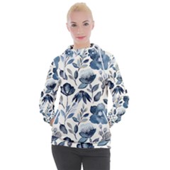 Indigo Watercolor Floral Seamless-pattern Women s Hooded Pullover