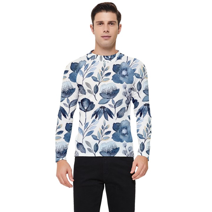 Indigo Watercolor Floral Seamless-pattern Men s Long Sleeve Rash Guard