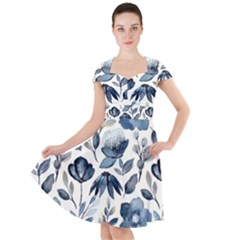 Indigo Watercolor Floral Seamless-pattern Cap Sleeve Midi Dress With Pockets by Ket1n9