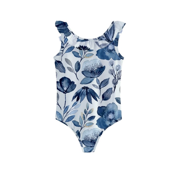 Indigo Watercolor Floral Seamless-pattern Kids  Frill Swimsuit