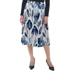 Indigo Watercolor Floral Seamless-pattern Classic Velour Midi Skirt  by Ket1n9