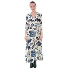 Indigo Watercolor Floral Seamless-pattern Button Up Maxi Dress