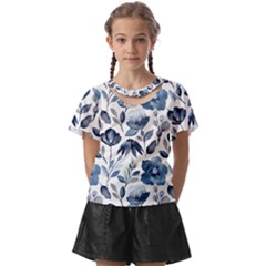 Indigo Watercolor Floral Seamless-pattern Kids  Front Cut T-Shirt