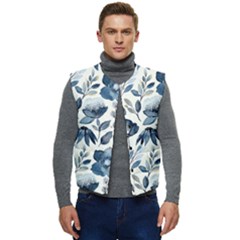 Indigo Watercolor Floral Seamless-pattern Men s Button Up Puffer Vest	