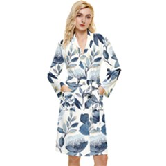 Indigo Watercolor Floral Seamless-pattern Long Sleeve Velvet Robe by Ket1n9