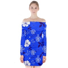 Blooming Seamless Pattern Blue Colors Long Sleeve Off Shoulder Dress