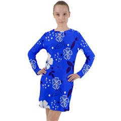 Blooming Seamless Pattern Blue Colors Long Sleeve Hoodie Dress