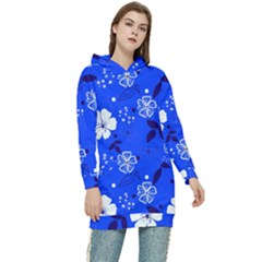 Blooming Seamless Pattern Blue Colors Women s Long Oversized Pullover Hoodie