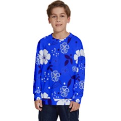 Blooming Seamless Pattern Blue Colors Kids  Crewneck Sweatshirt by Ket1n9