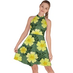 Bloom Flowering Yellow Blade Green Sleeveless Halter Neck A-line Dress by Loisa77