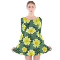 Bloom Flowering Yellow Blade Green Long Sleeve Velvet Skater Dress