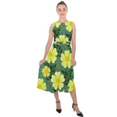 Bloom Flowering Yellow Blade Green Midi Tie-back Chiffon Dress by Loisa77