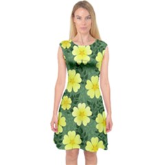 Bloom Flowering Yellow Blade Green Capsleeve Midi Dress by Loisa77