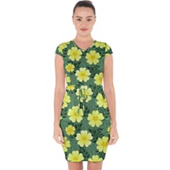 Bloom Flowering Yellow Blade Green Capsleeve Drawstring Dress  by Loisa77