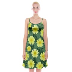 Bloom Flowering Yellow Blade Green Spaghetti Strap Velvet Dress