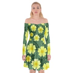 Bloom Flowering Yellow Blade Green Off Shoulder Skater Dress by Loisa77