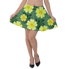 Bloom Flowering Yellow Blade Green Velvet Skater Skirt