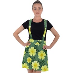 Bloom Flowering Yellow Blade Green Velvet Suspender Skater Skirt by Loisa77