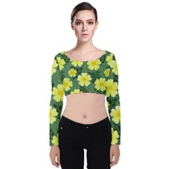 Bloom Flowering Yellow Blade Green Velvet Long Sleeve Crop Top by Loisa77