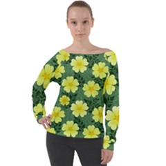 Bloom Flowering Yellow Blade Green Off Shoulder Long Sleeve Velour Top by Loisa77