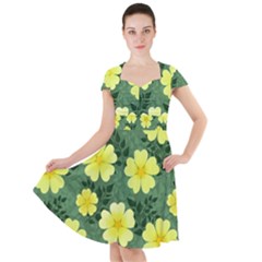 Bloom Flowering Yellow Blade Green Cap Sleeve Midi Dress by Loisa77