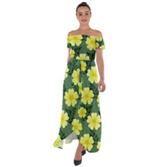 Bloom Flowering Yellow Blade Green Off Shoulder Open Front Chiffon Dress by Loisa77