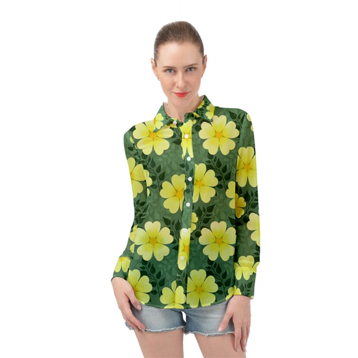 Bloom Flowering Yellow Blade Green Long Sleeve Chiffon Shirt