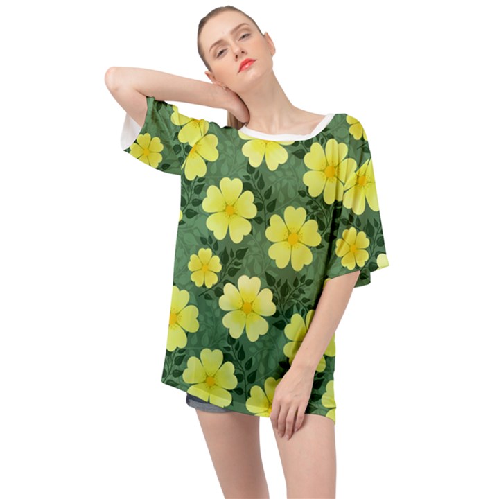 Bloom Flowering Yellow Blade Green Oversized Chiffon Top