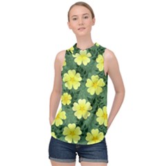 Bloom Flowering Yellow Blade Green High Neck Satin Top by Loisa77