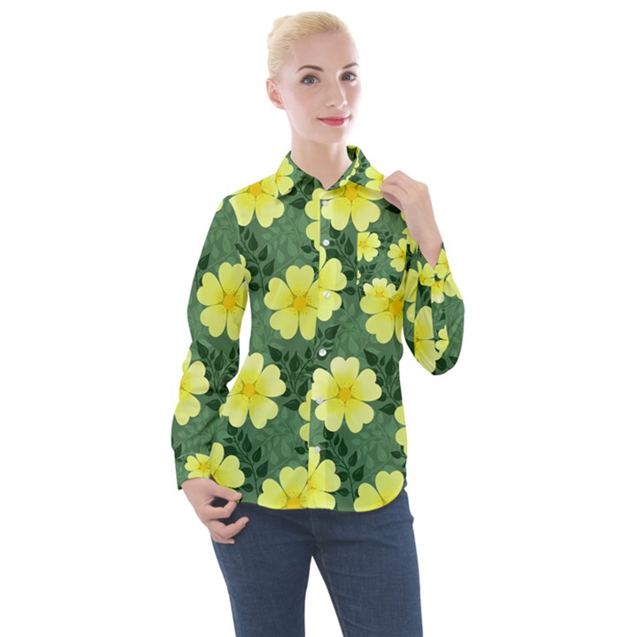 Bloom Flowering Yellow Blade Green Women s Long Sleeve Pocket Shirt