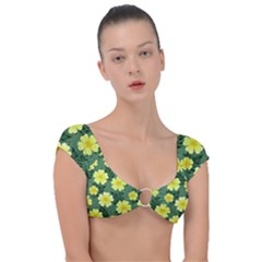 Bloom Flowering Yellow Blade Green Cap Sleeve Ring Bikini Top by Loisa77