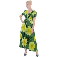 Bloom Flowering Yellow Blade Green Button Up Short Sleeve Maxi Dress by Loisa77