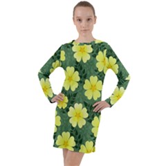 Bloom Flowering Yellow Blade Green Long Sleeve Hoodie Dress