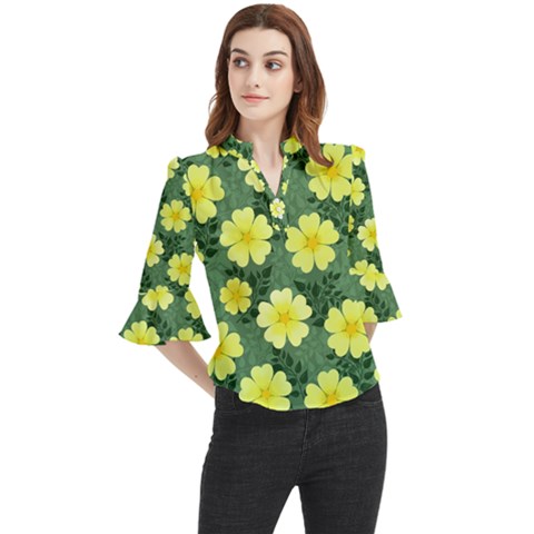 Bloom Flowering Yellow Blade Green Loose Horn Sleeve Chiffon Blouse by Loisa77