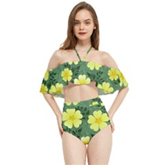 Bloom Flowering Yellow Blade Green Halter Flowy Bikini Set  by Loisa77