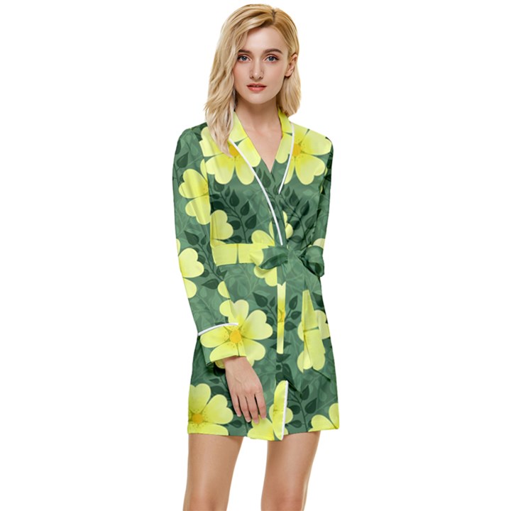 Bloom Flowering Yellow Blade Green Long Sleeve Satin Robe