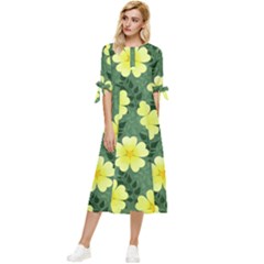 Bloom Flowering Yellow Blade Green Bow Sleeve Chiffon Midi Dress by Loisa77