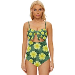 Bloom Flowering Yellow Blade Green Knot Front One-piece Swimsuit by Loisa77