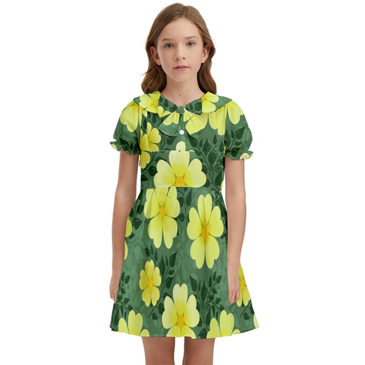 Bloom Flowering Yellow Blade Green Kids  Bow Tie Puff Sleeve Dress