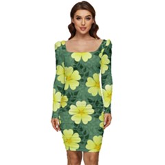 Bloom Flowering Yellow Blade Green Women Long Sleeve Ruched Stretch Jersey Dress by Loisa77