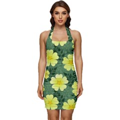 Bloom Flowering Yellow Blade Green Sleeveless Wide Square Neckline Ruched Bodycon Dress by Loisa77