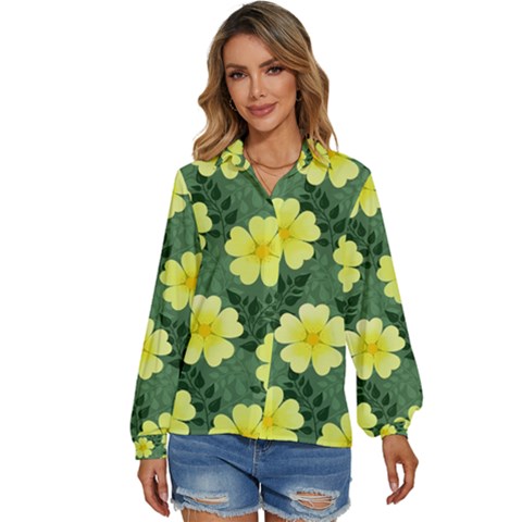 Bloom Flowering Yellow Blade Green Women s Long Sleeve Button Up Shirt by Loisa77